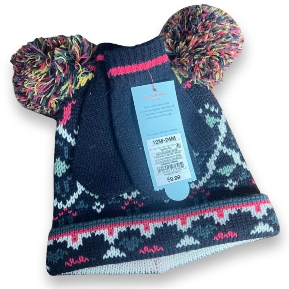 NWT || CAT & JACK Pom Beanie and Mittens Set | Navy Pink